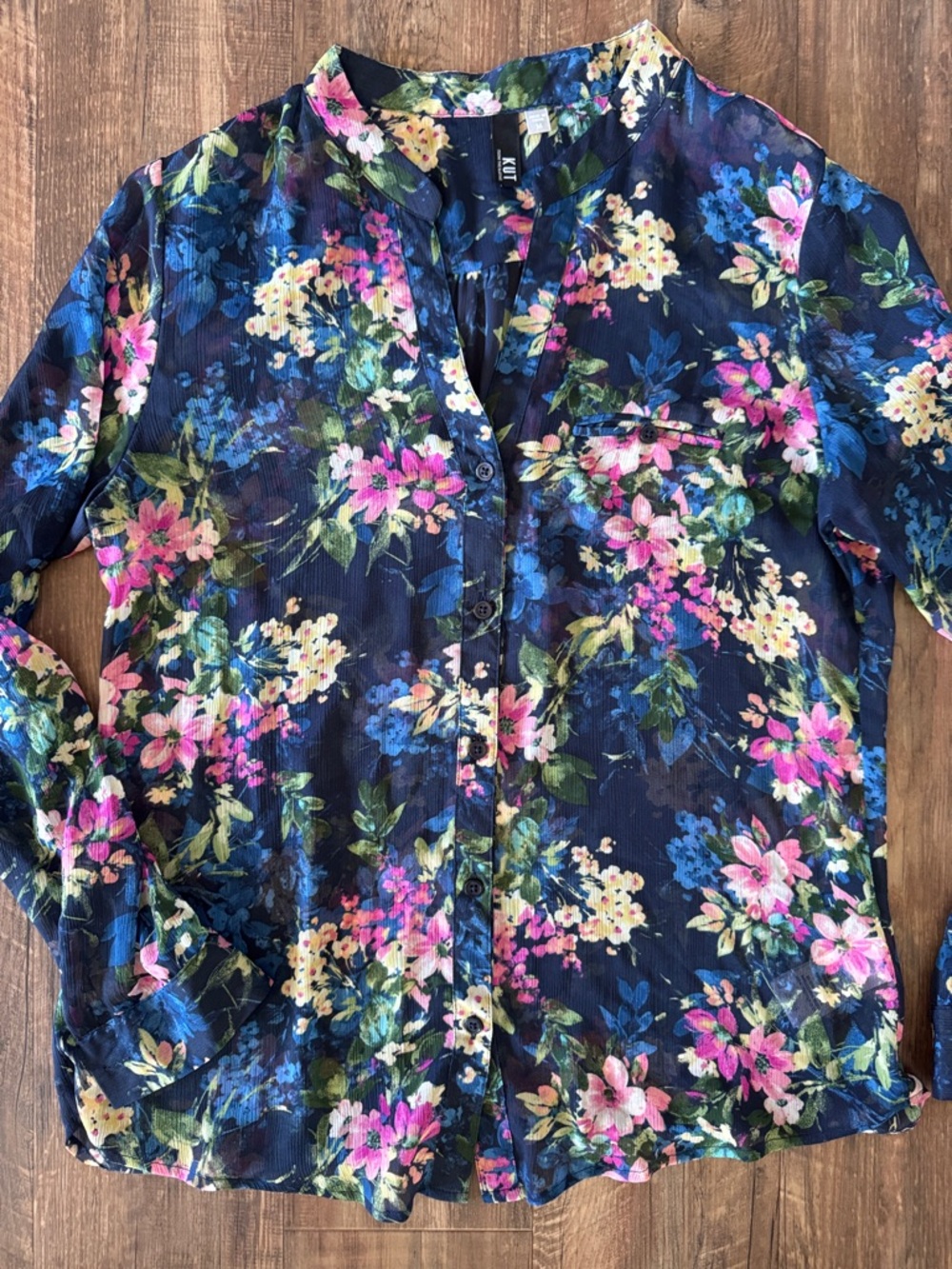 Kut from the Kloth Navy Floral Button-Up Blouse - semi sheer